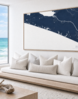 30A horizontal canvas map in Navy, bench beside a water view
