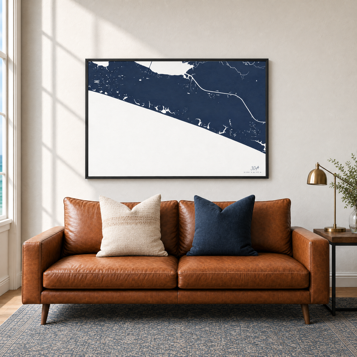 30A horizontal canvas map in Navy, black-framed canvas above a sofa