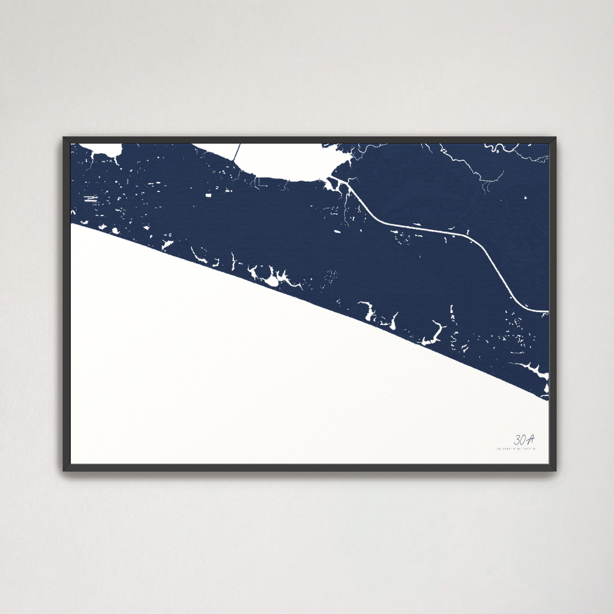 30A horizontal canvas map, Navy, Black Frame