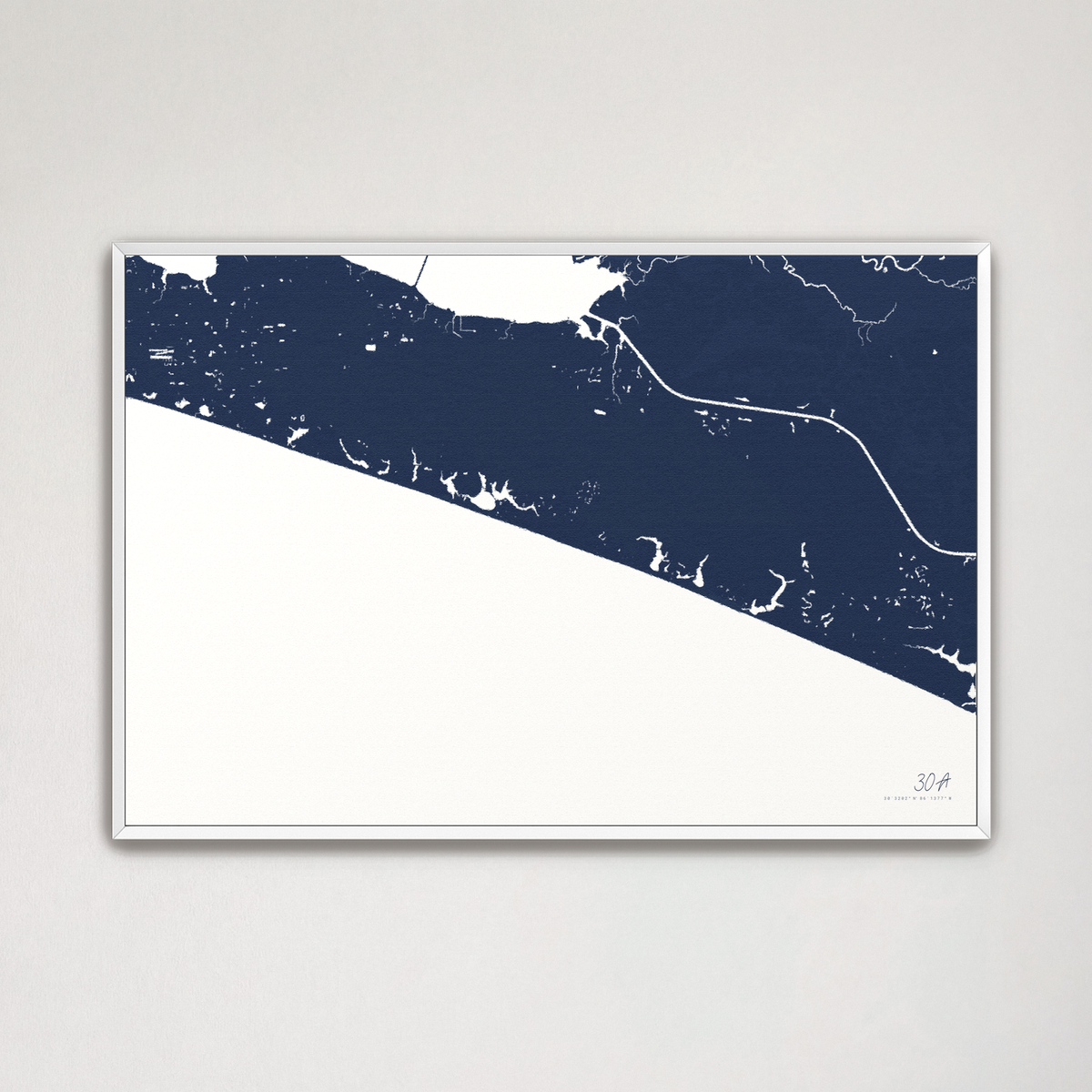 30A horizontal canvas map, Navy, White Frame