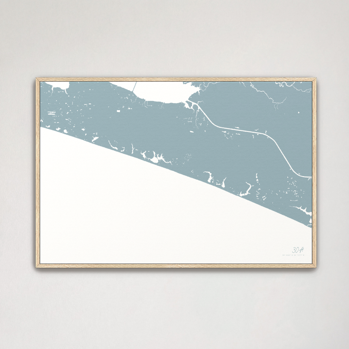 30A horizontal canvas map, Soft Blue, Natural Oak