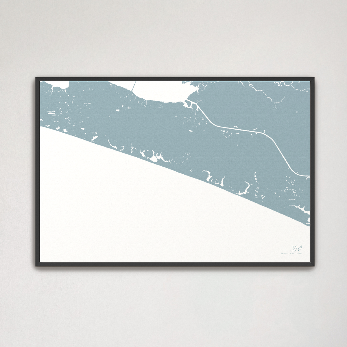 30A horizontal canvas map, Soft Blue, Black Frame