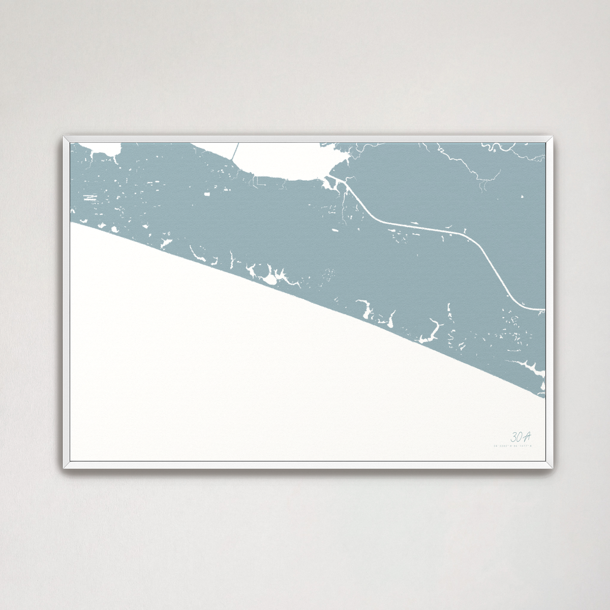 30A horizontal canvas map, Soft Blue, White Frame