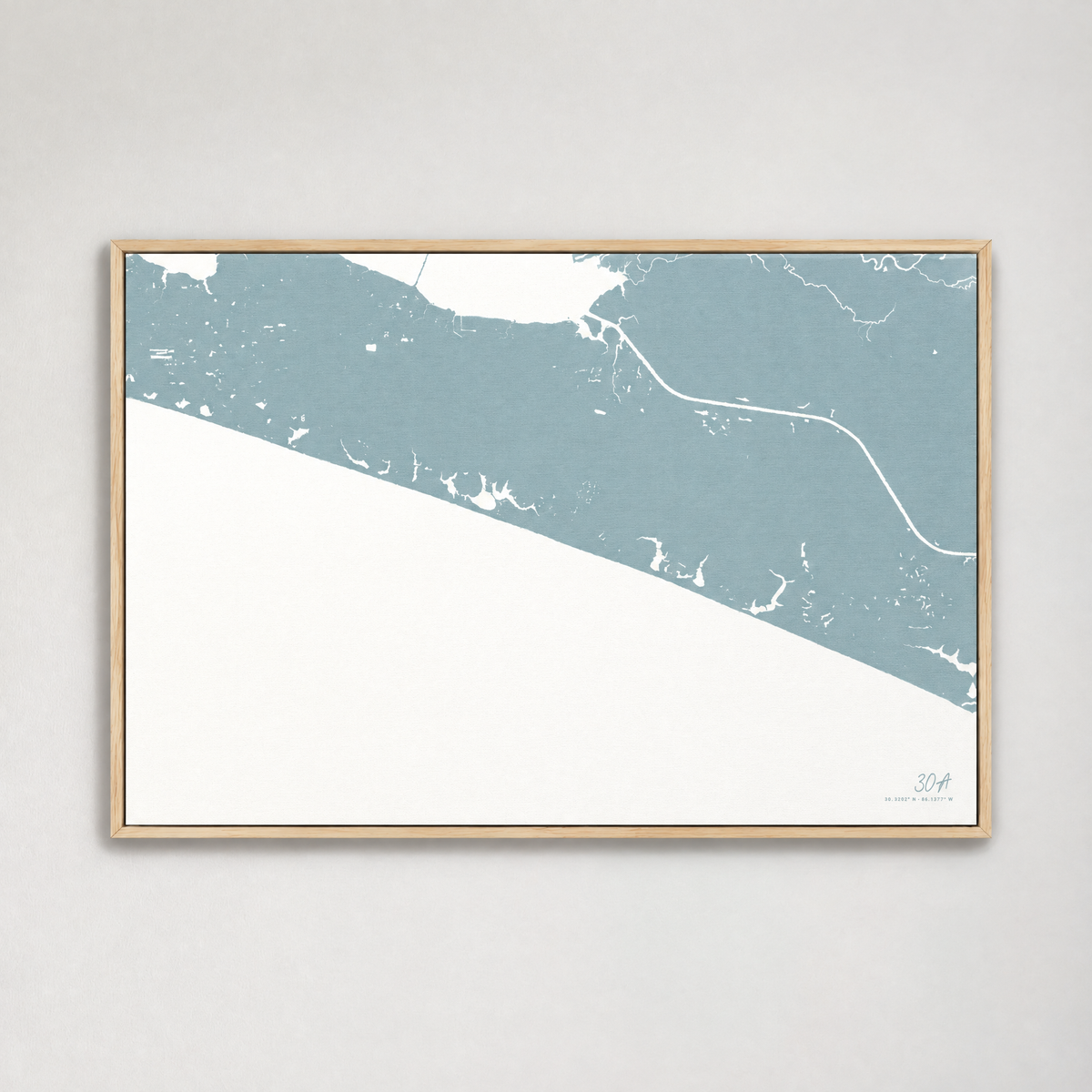 30A horizontal canvas map, Soft Blue, Light Wood