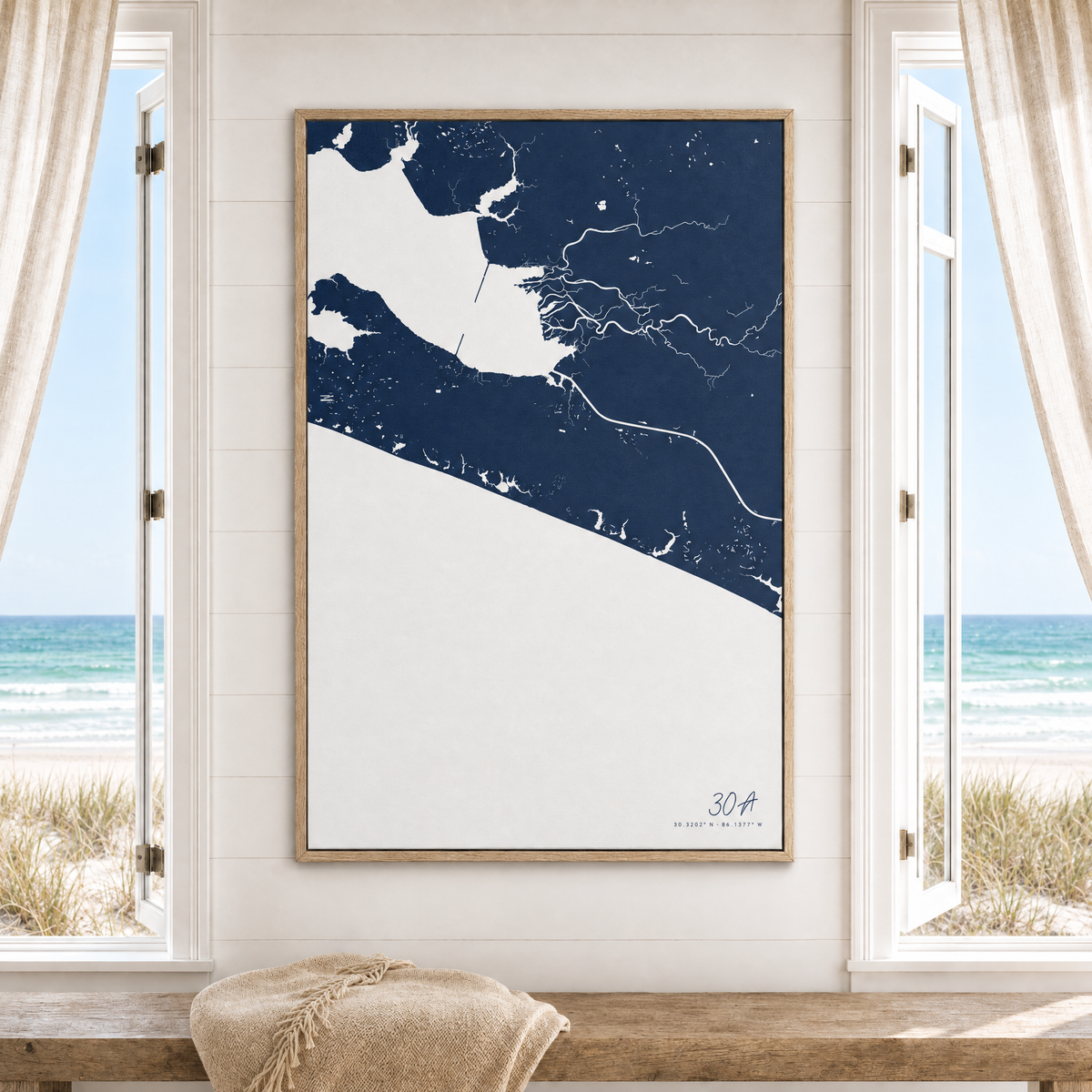 30A vertical canvas map in Navy, window interior