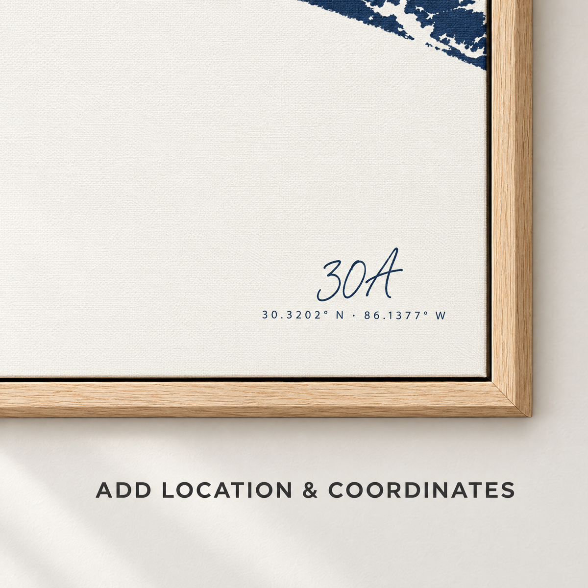 30A vertical canvas map in Navy, location and coordinates detail