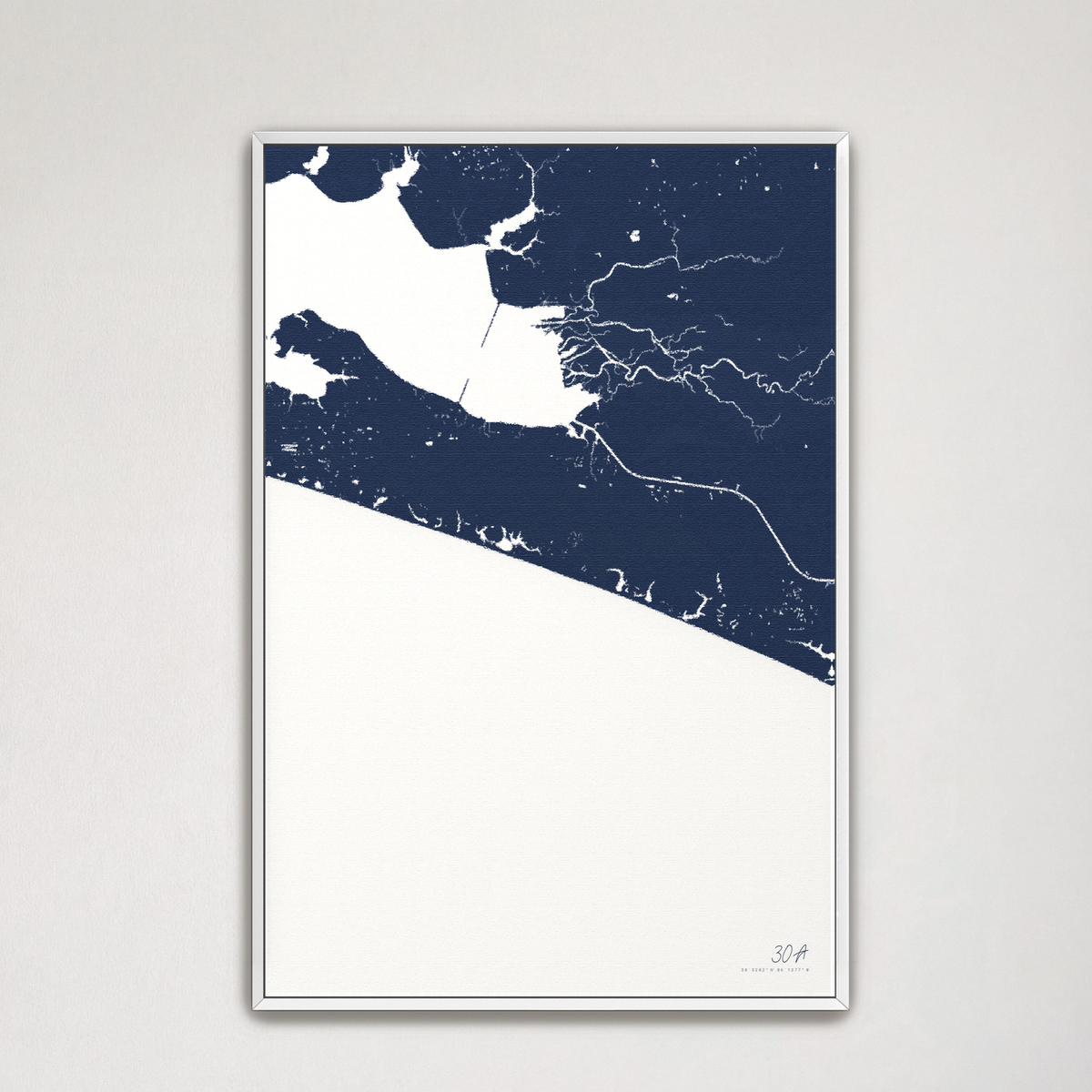 30A vertical canvas map, Navy, White Frame