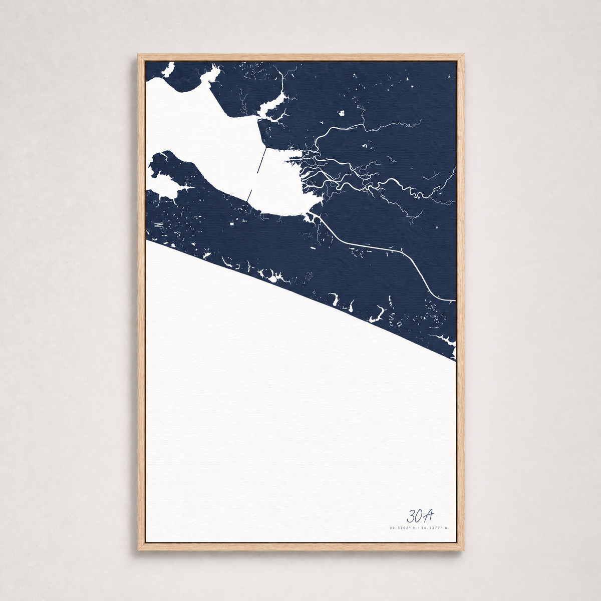 30A vertical canvas map, Navy, Light Wood