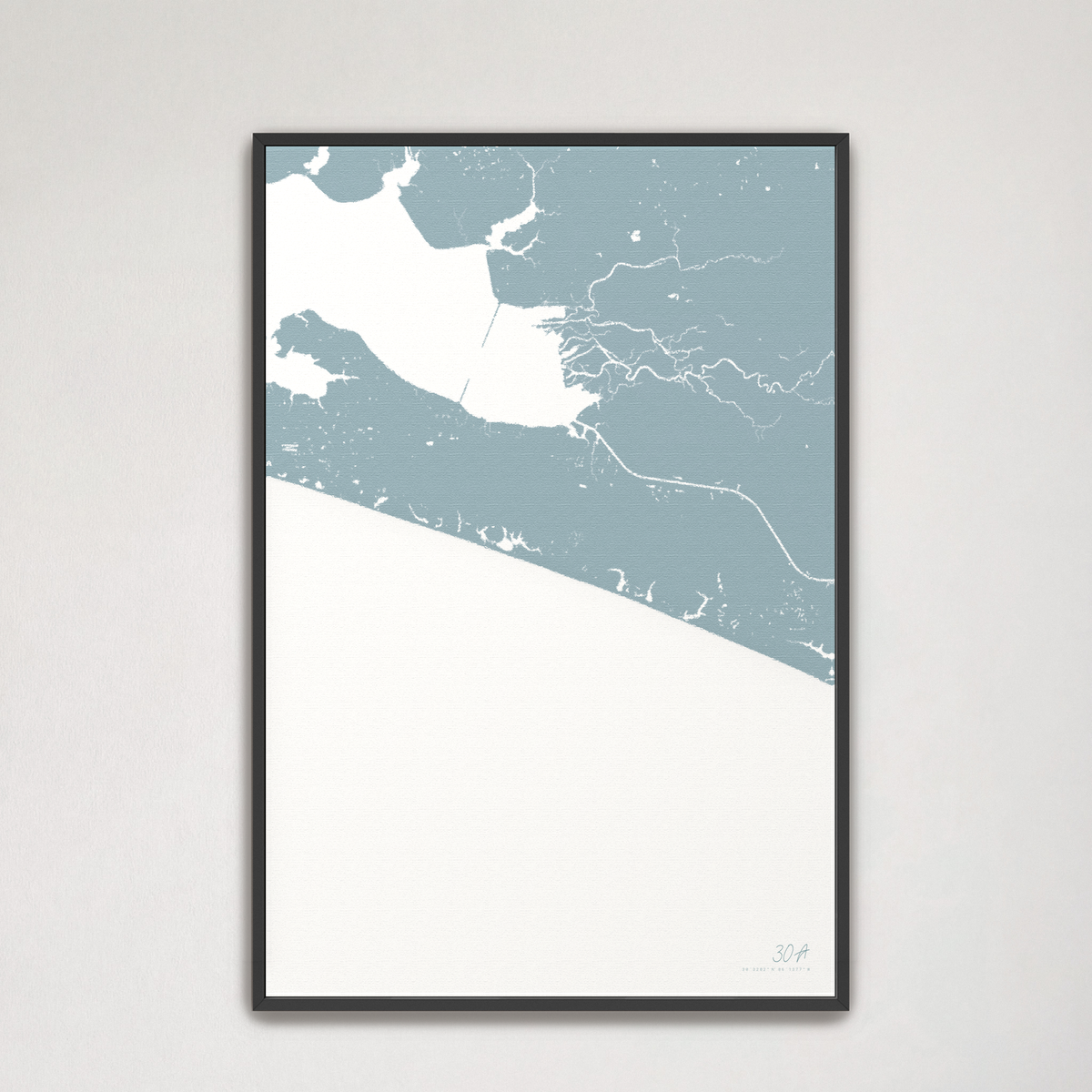 30A vertical canvas map, Soft Blue, Black Frame