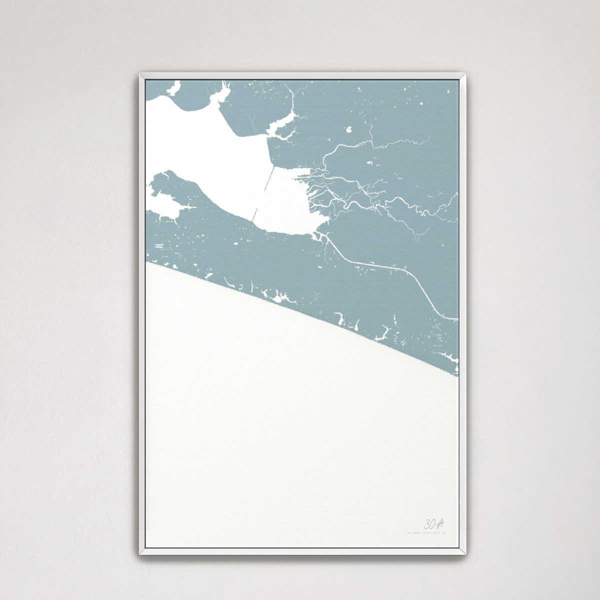 30A vertical canvas map, Soft Blue, White Frame