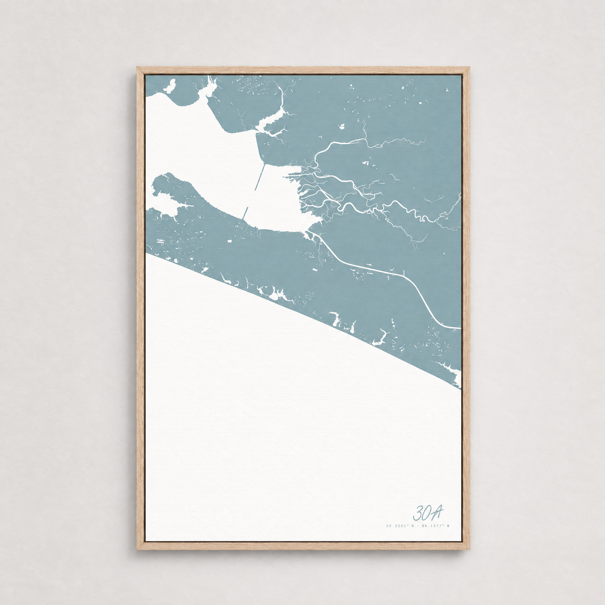 30A vertical canvas map, Soft Blue, Light Wood