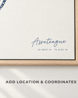 Assateague horizontal canvas map in Navy, location and coordinates detail