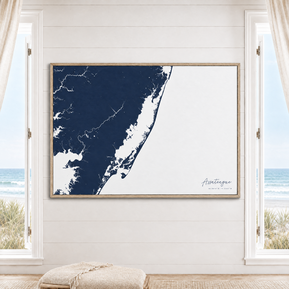 Assateague horizontal canvas map in Navy, window interior