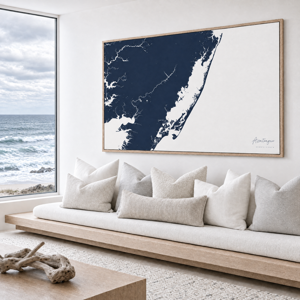 Assateague horizontal canvas map in Navy, bench beside a water view