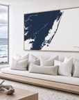 Assateague horizontal canvas map in Navy, bench beside a water view