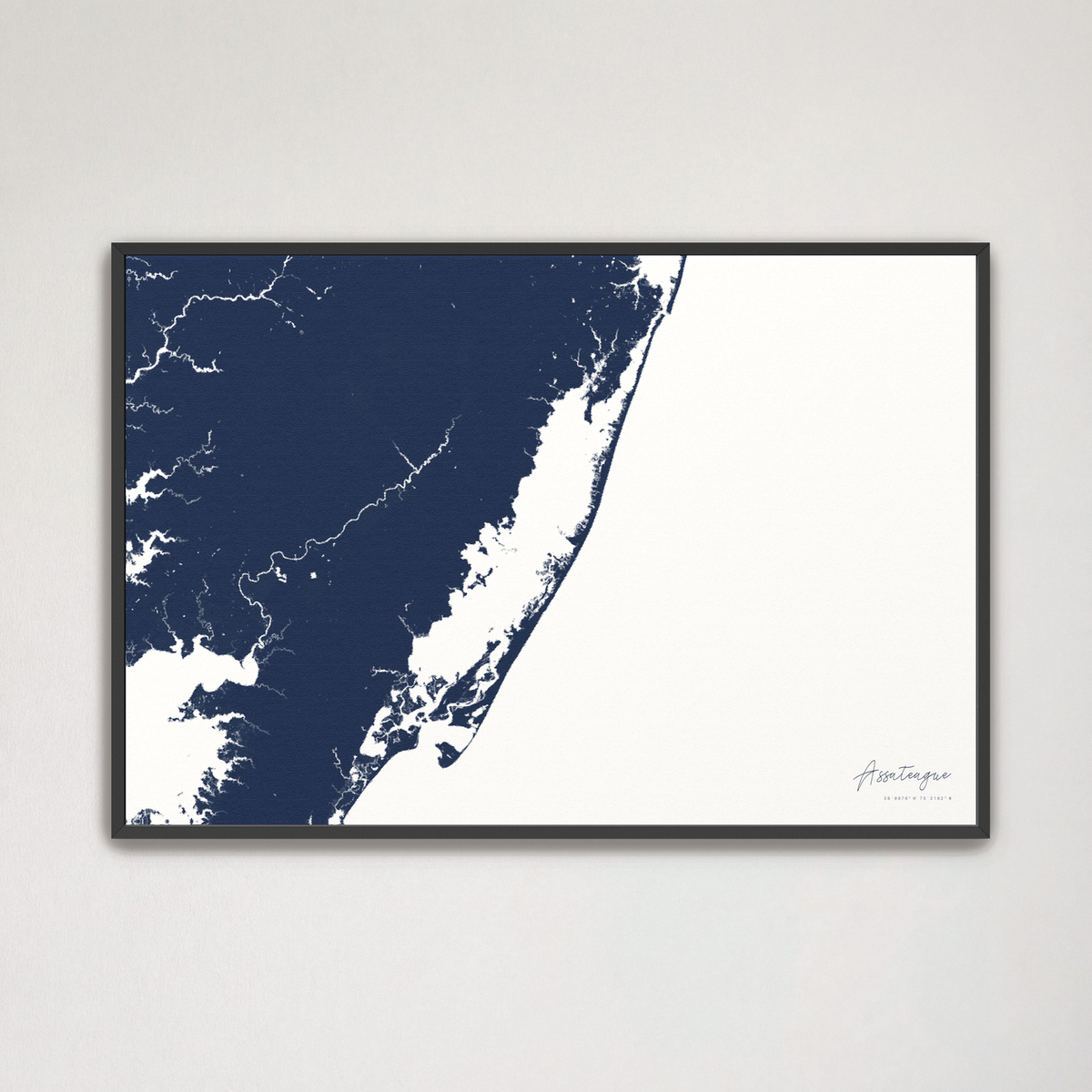Assateague horizontal canvas map, Navy, Black Frame