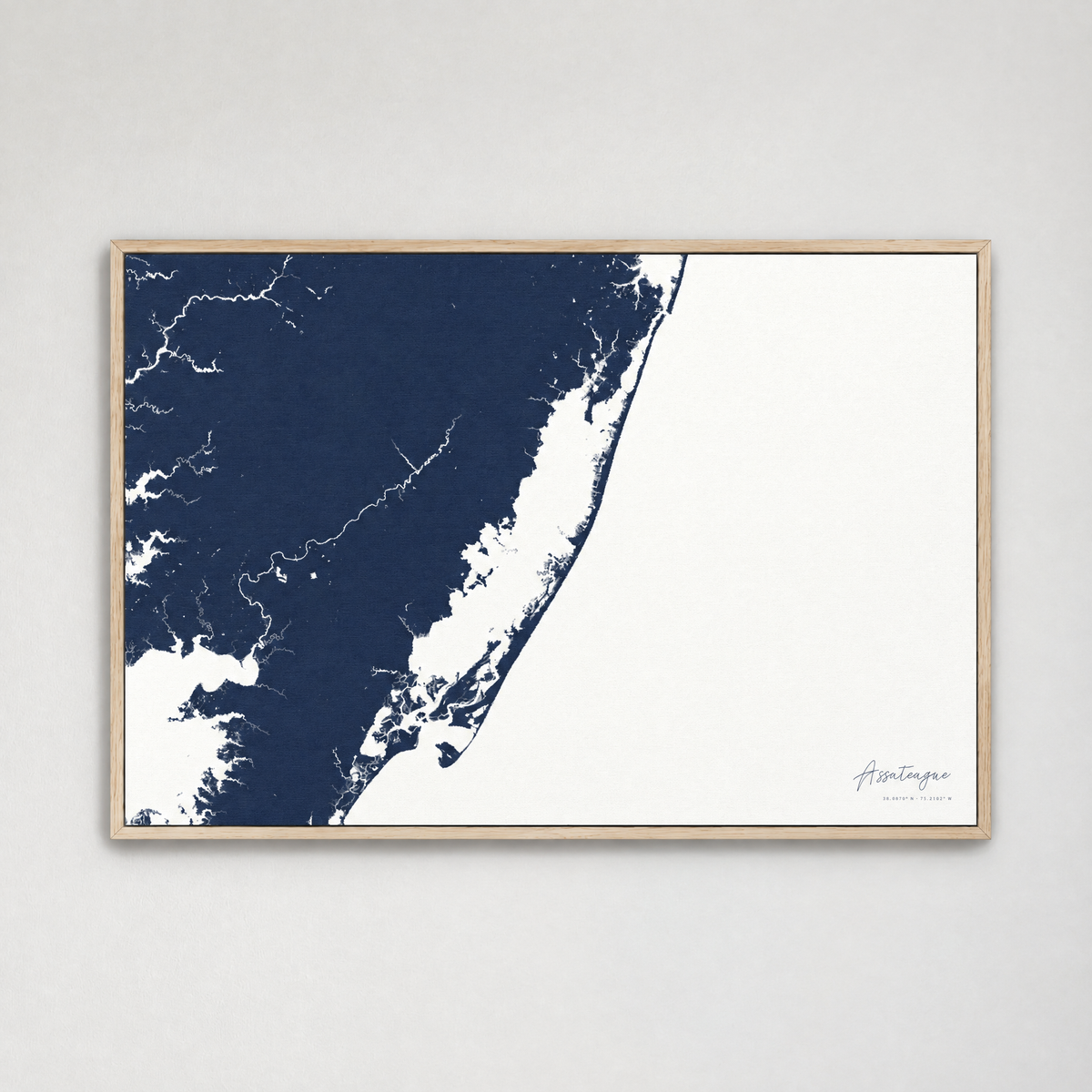 Assateague horizontal canvas map, Navy, Light Wood