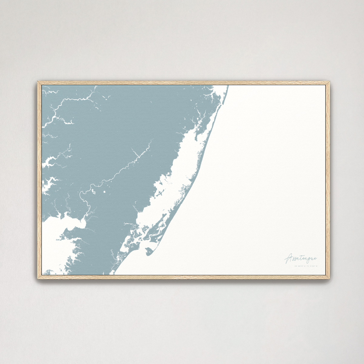 Assateague horizontal canvas map, Soft Blue, Natural Oak