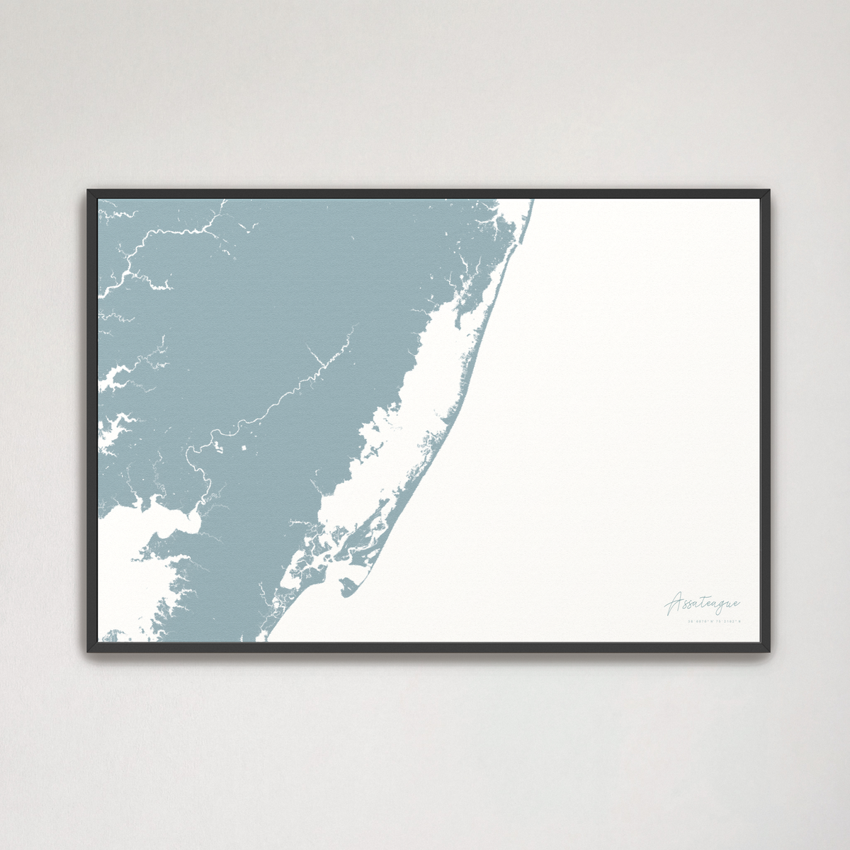 Assateague horizontal canvas map, Soft Blue, Black Frame