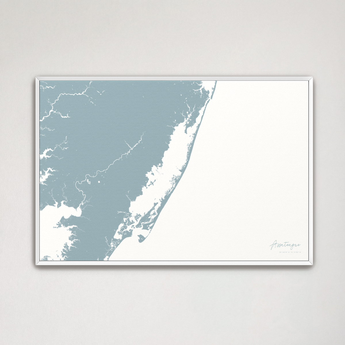 Assateague horizontal canvas map, Soft Blue, White Frame