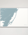 Assateague horizontal canvas map, Soft Blue, White Frame