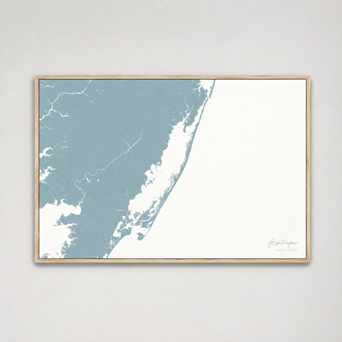 Assateague horizontal canvas map, Soft Blue, Light Wood