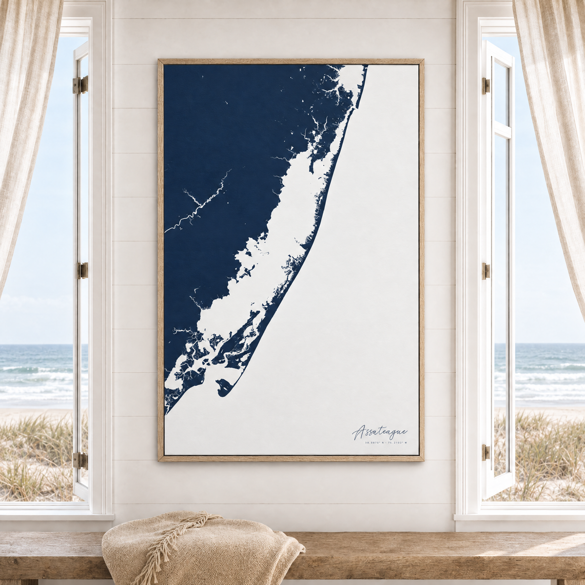 Assateague vertical canvas map in Navy, window interior