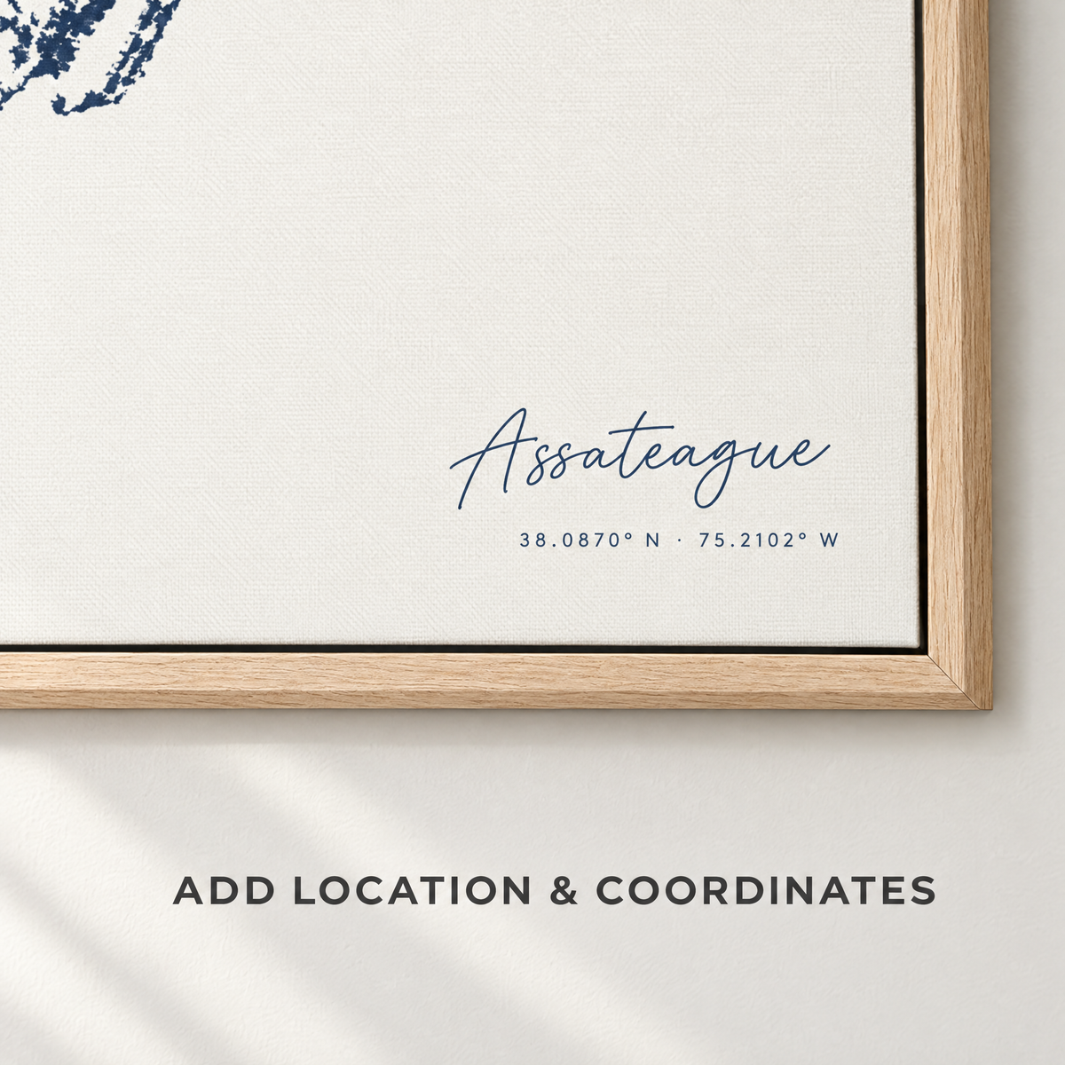 Assateague vertical canvas map in Navy, location and coordinates detail