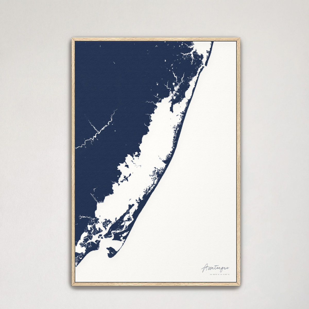 Assateague vertical canvas map, Navy, Natural Oak