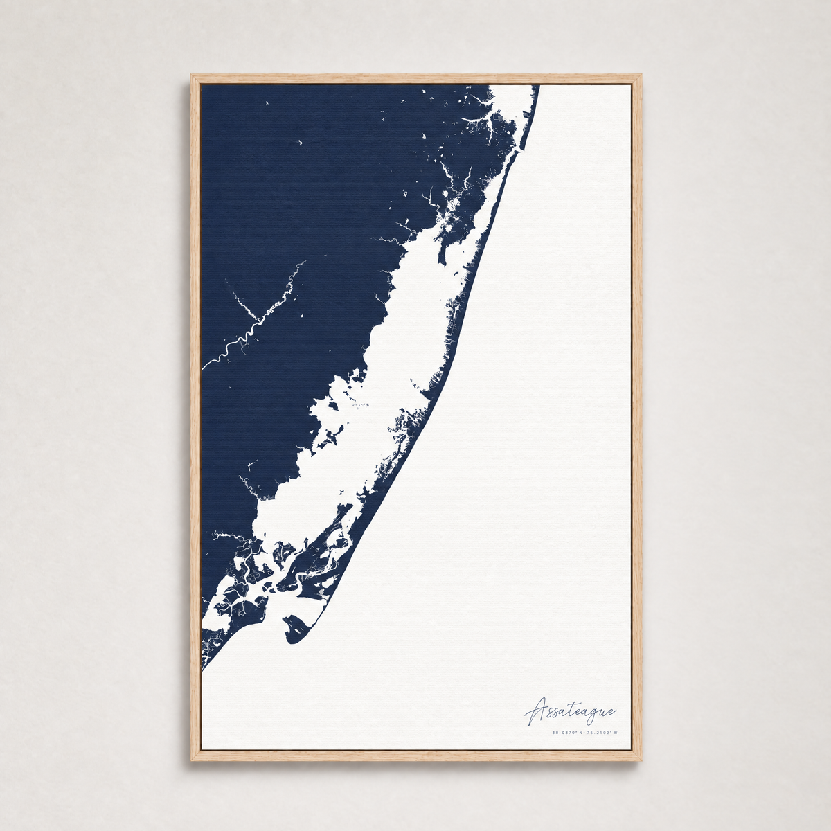 Assateague vertical canvas map, Navy, Light Wood
