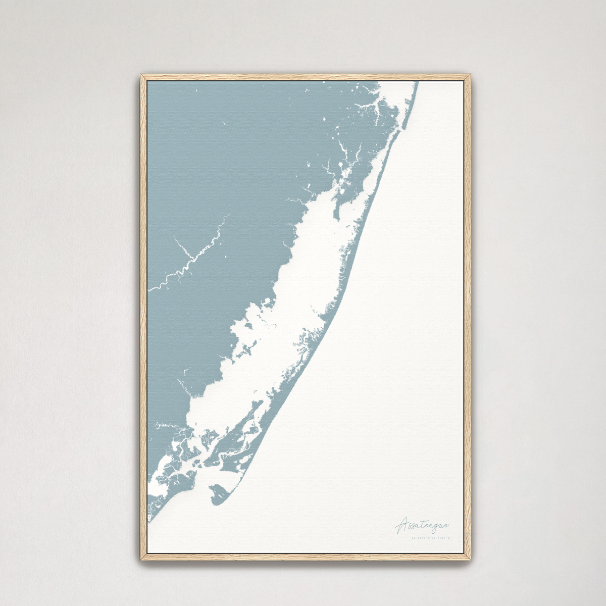 Assateague vertical canvas map, Soft Blue, Natural Oak