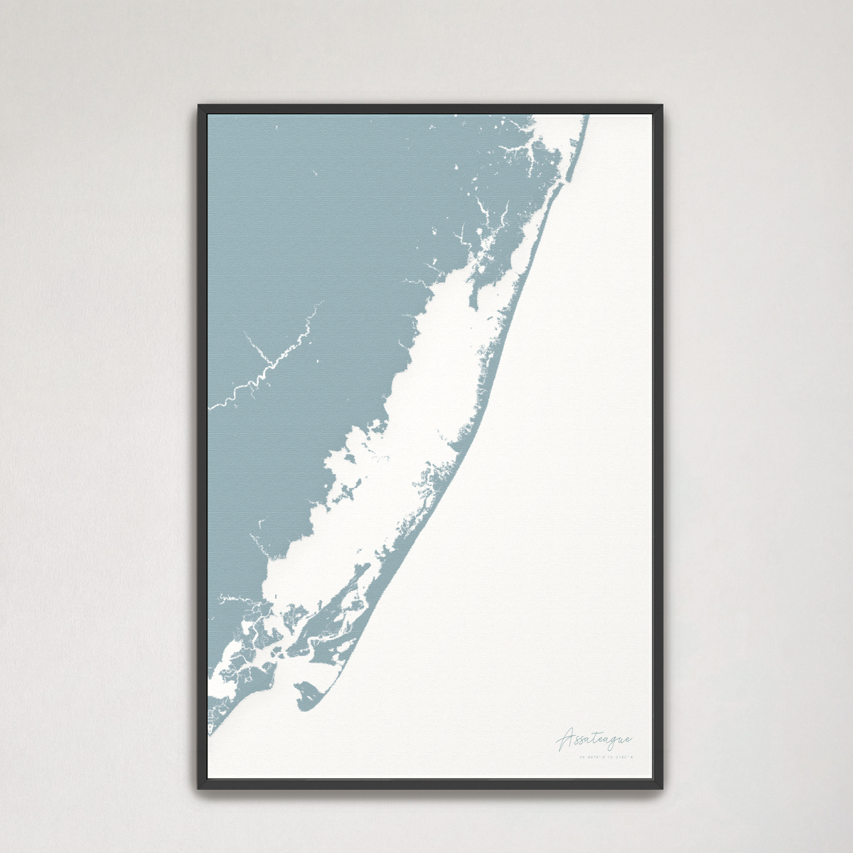 Assateague vertical canvas map, Soft Blue, Black Frame