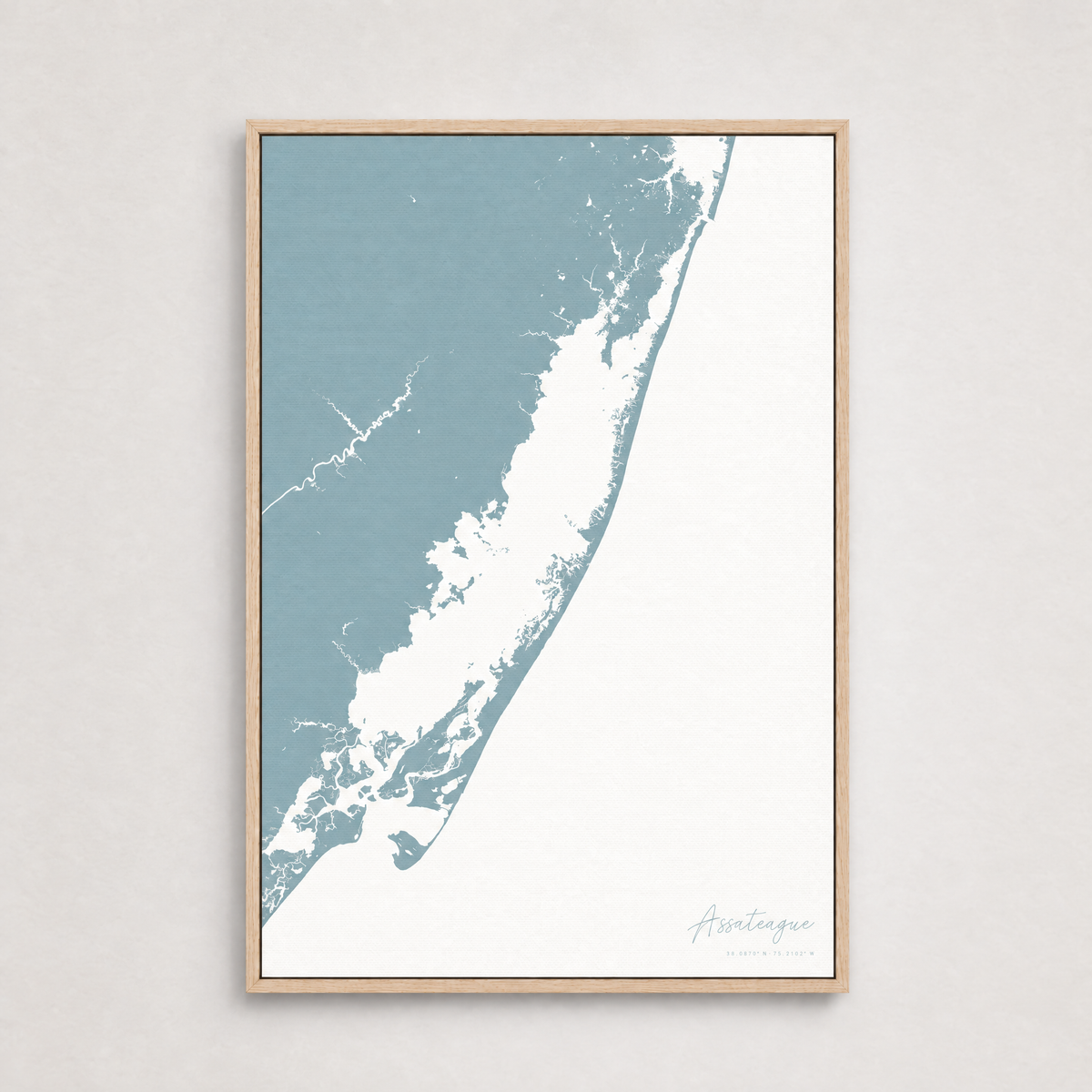 Assateague vertical canvas map, Soft Blue, Light Wood