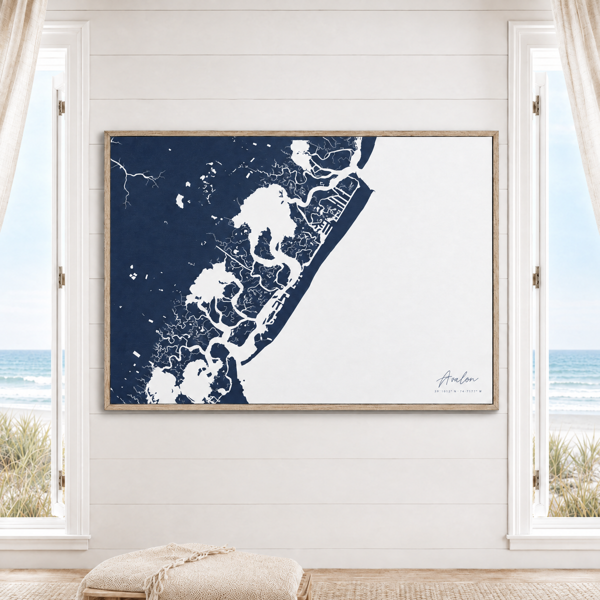 Avalon horizontal canvas map in Navy, window interior
