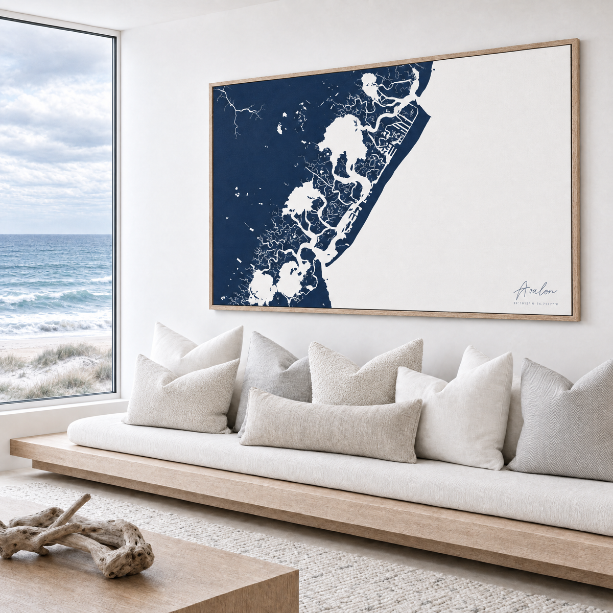 Avalon horizontal canvas map in Navy, bench beside a water view