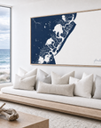 Avalon horizontal canvas map in Navy, bench beside a water view