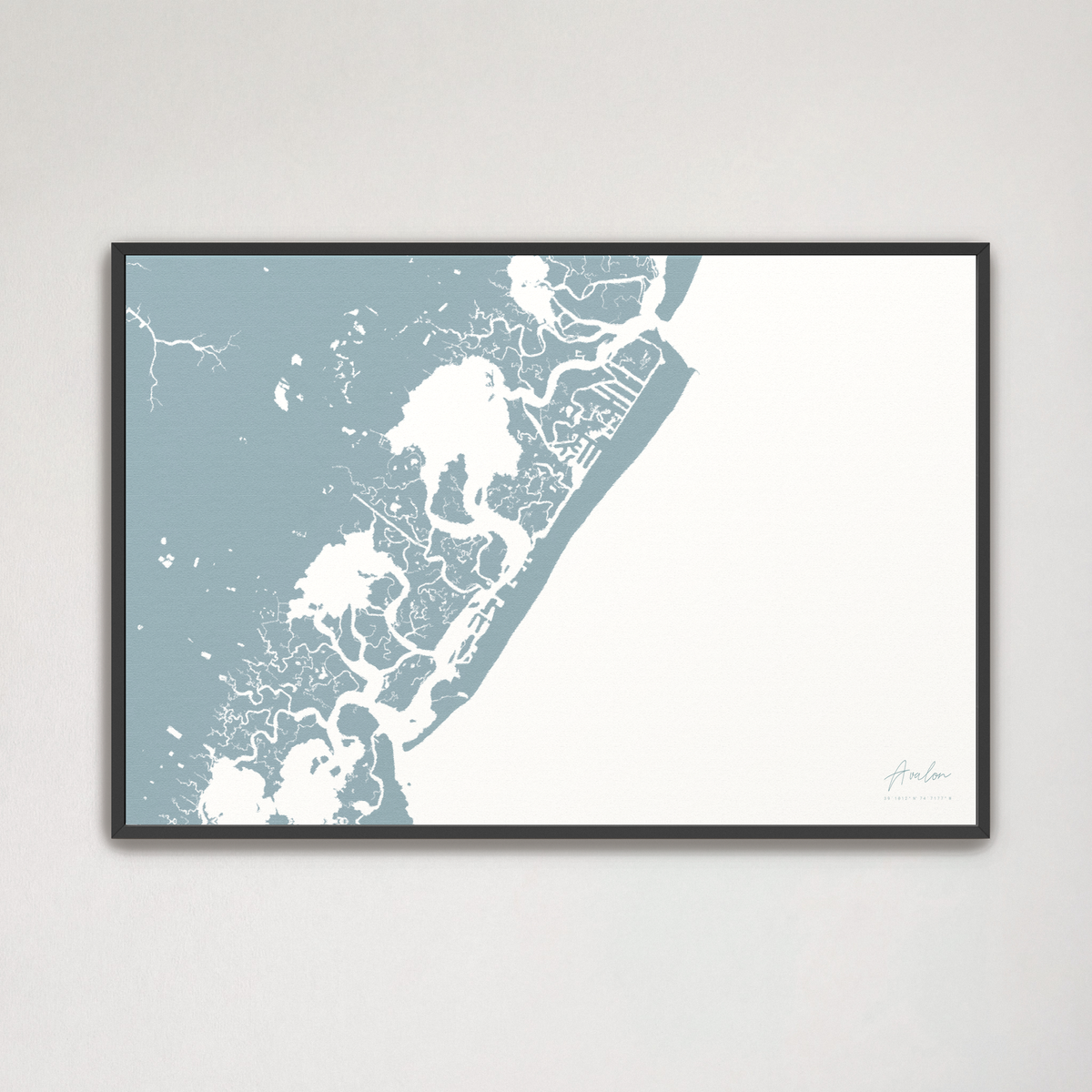 Avalon horizontal canvas map, Soft Blue, Black Frame