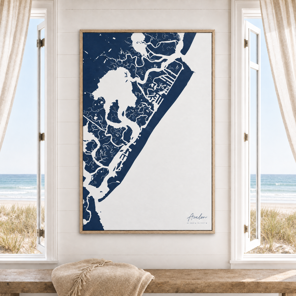 Avalon vertical canvas map in Navy, window interior