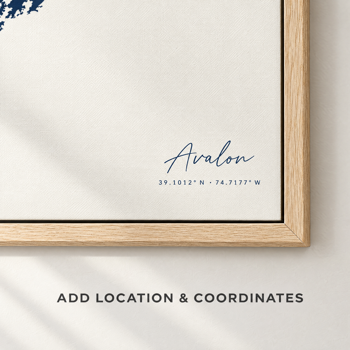 Avalon vertical canvas map in Navy, location and coordinates detail