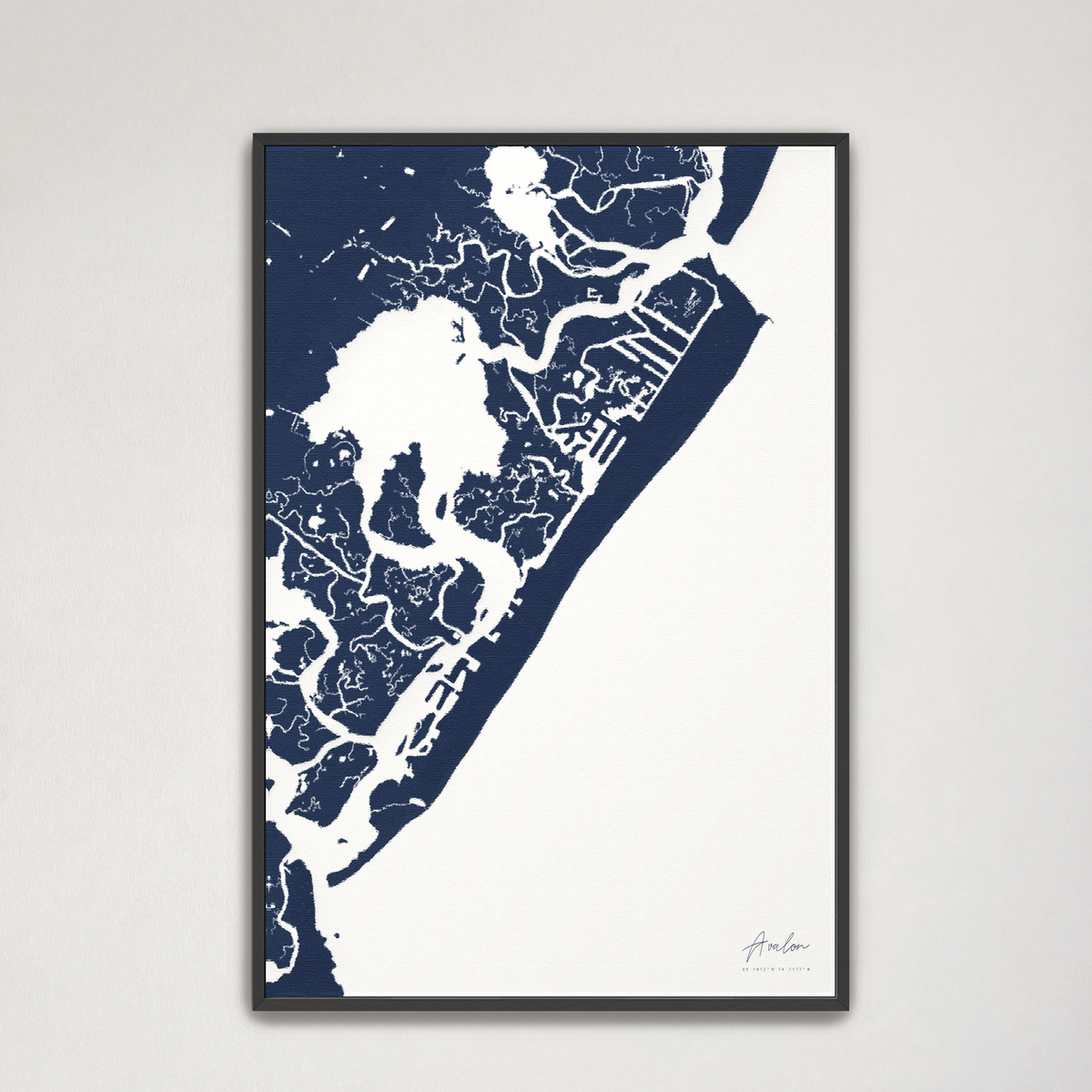 Avalon vertical canvas map, Navy, Black Frame