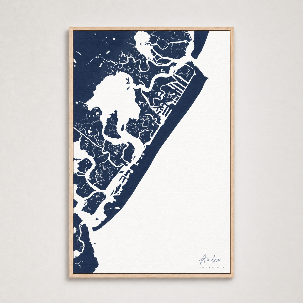 Avalon vertical canvas map, Navy, Light Wood