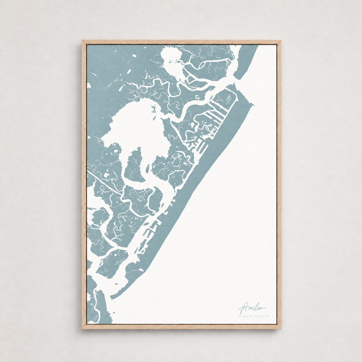 Avalon vertical canvas map, Soft Blue, Light Wood