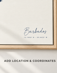 Barbados horizontal canvas map in Navy, location and coordinates detail
