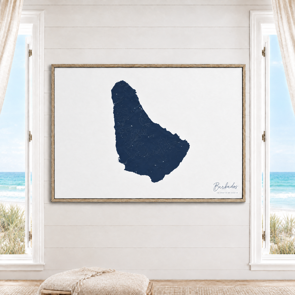 Barbados horizontal canvas map in Navy, window interior