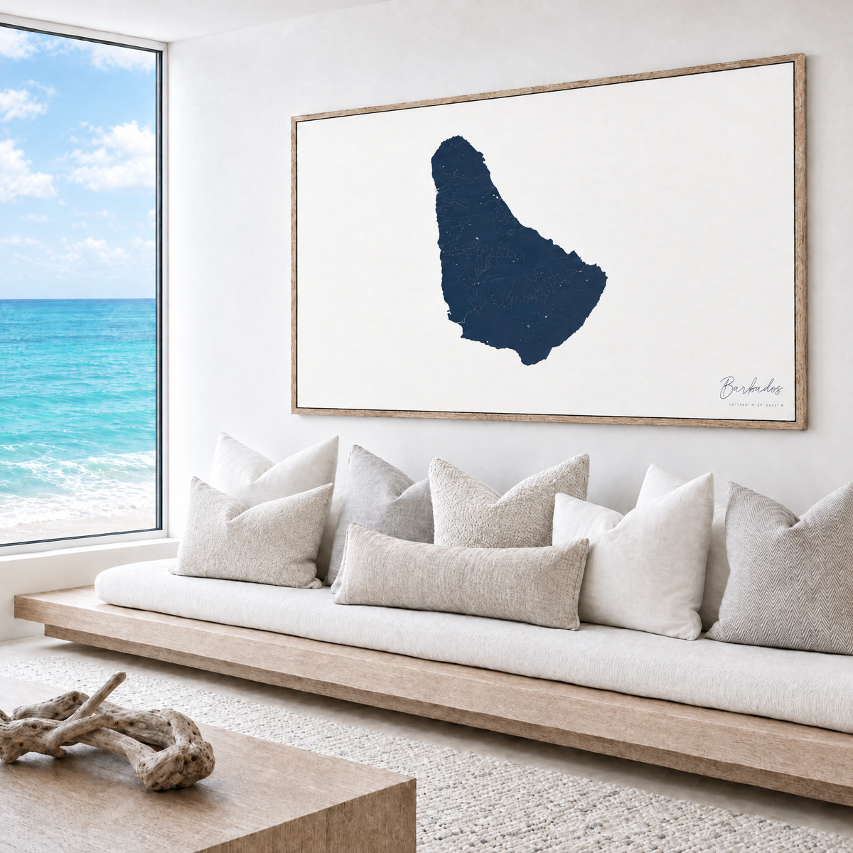 Barbados horizontal canvas map in Navy, bench beside a water view