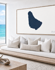 Barbados horizontal canvas map in Navy, bench beside a water view