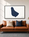 Barbados horizontal canvas map in Navy, black-framed canvas above a sofa