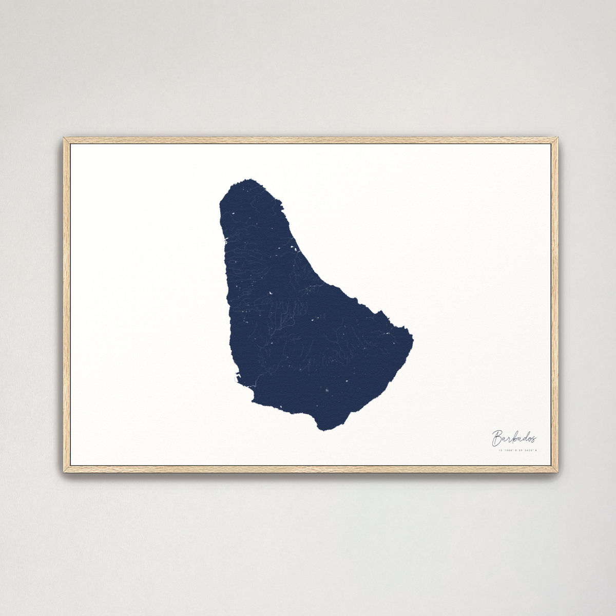 Barbados horizontal canvas map, Navy, Natural Oak