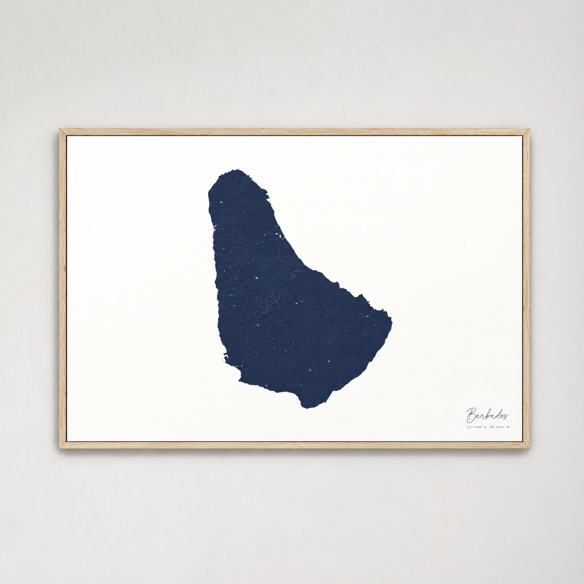 Barbados horizontal canvas map, Navy, Light Wood
