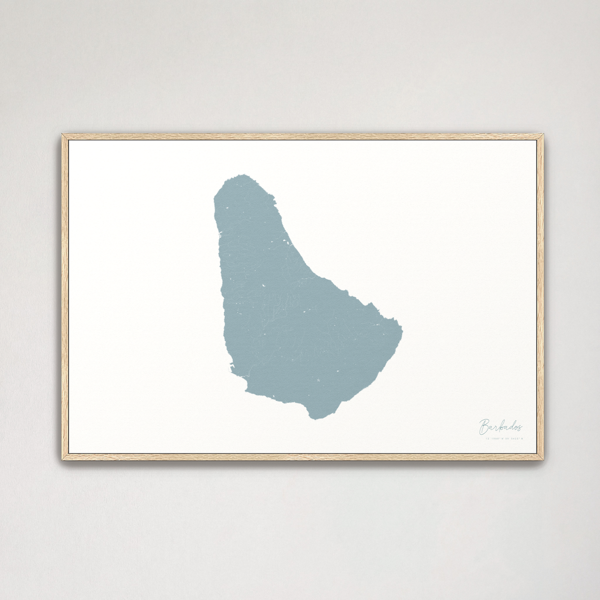 Barbados horizontal canvas map, Soft Blue, Natural Oak